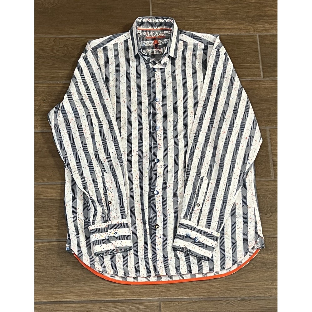 Luchiano Visconti Black Long Sleeve Dress Shirt Confetti w/ Blue Stripes Small
